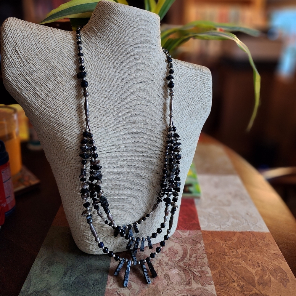 Vintage Unique Onyx, Obsidian, and Metal Necklace